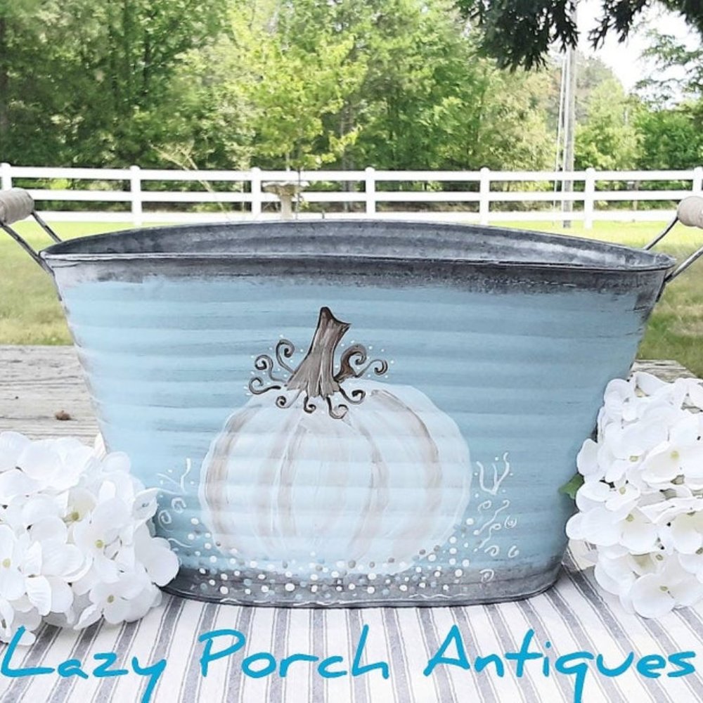 Farmhouse Fall White Pumpkin Decor Galvanized Tub